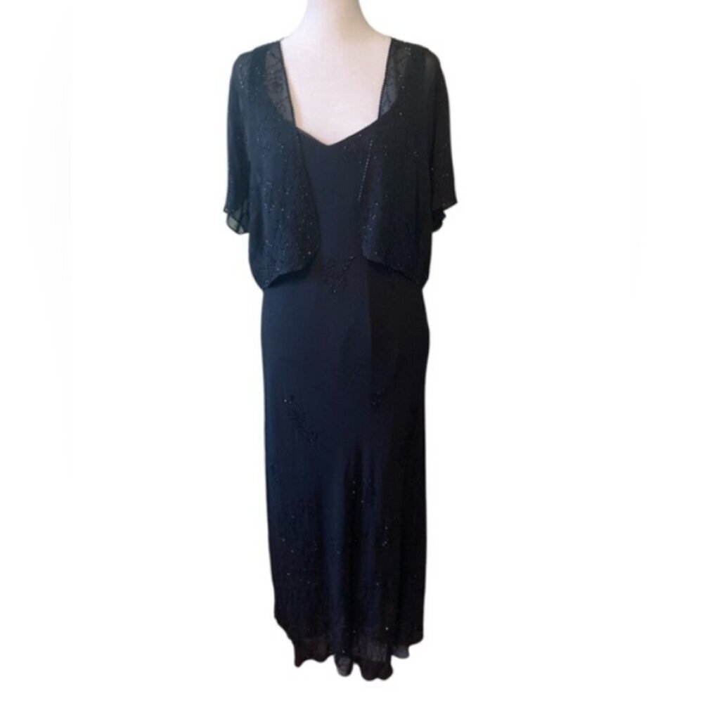Jones New York Black Beaded Sleeveless Silk Dress with Sheer Jacket (Size 14)